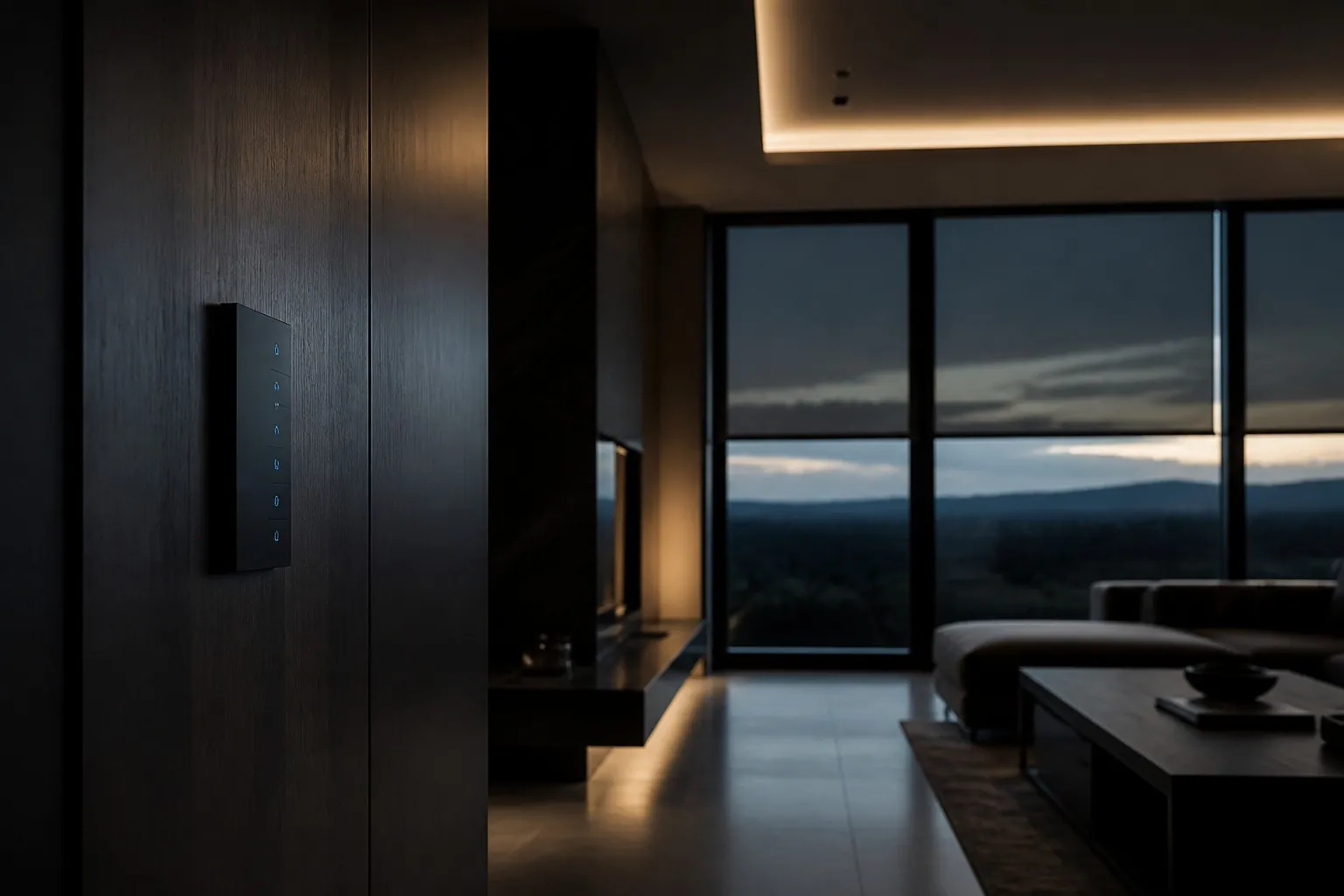 Matte keypad beside motorized shades at dusk