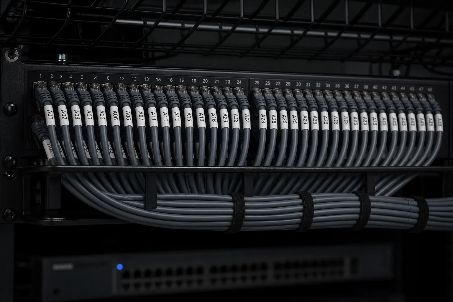 Dressed Cat6A bundles landing on a patch panel in a dim rack