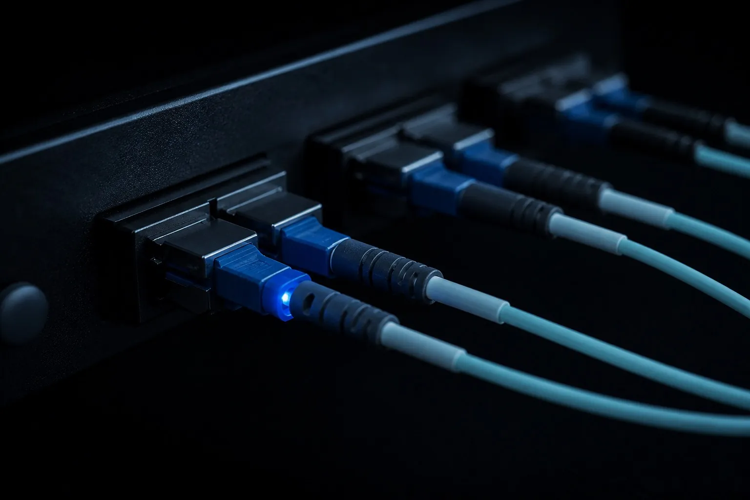 Fiber cassette with lit LC connectors in a dark enclosure