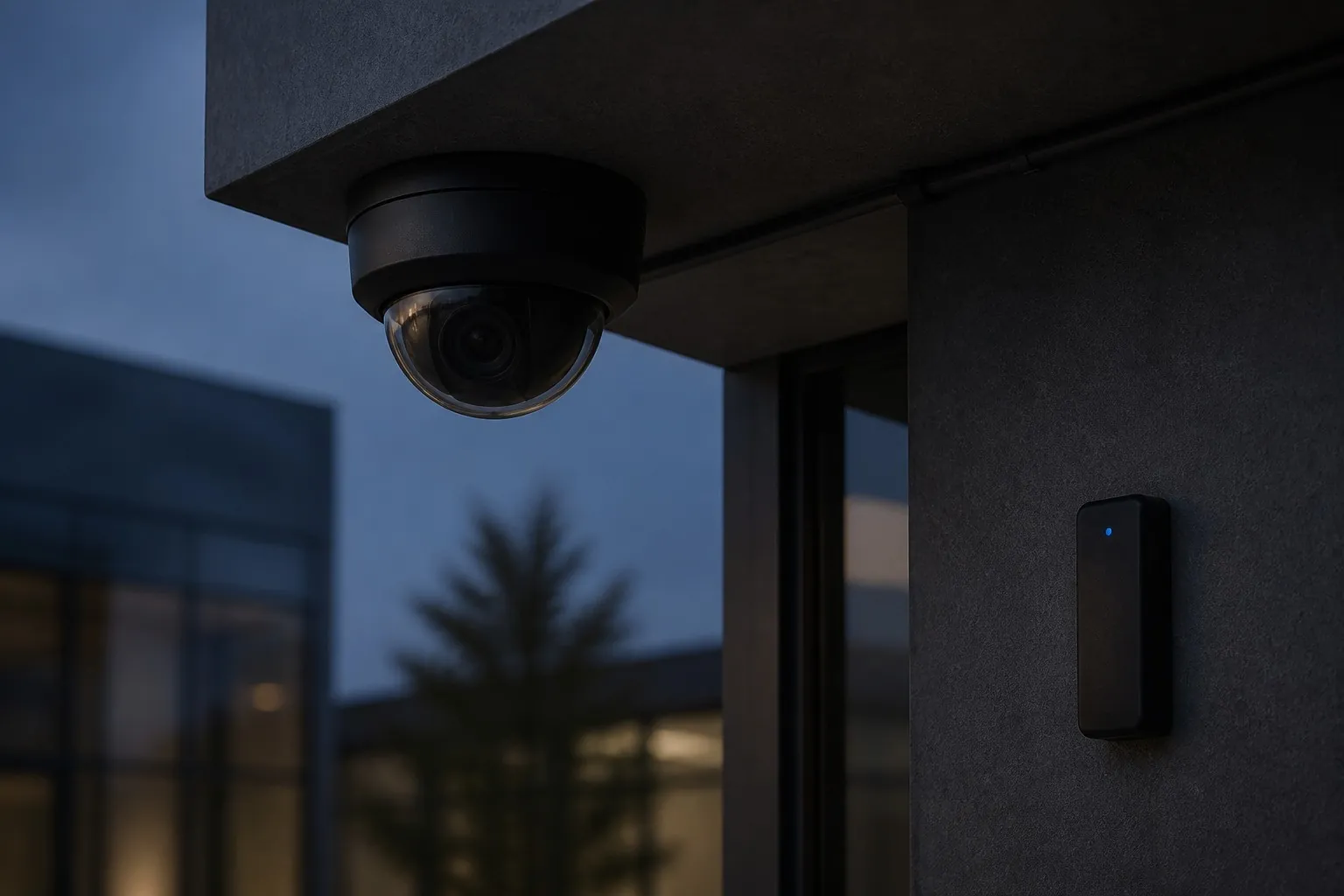 Dome camera under a dark soffit at dusk beside a card reader with one blue LED